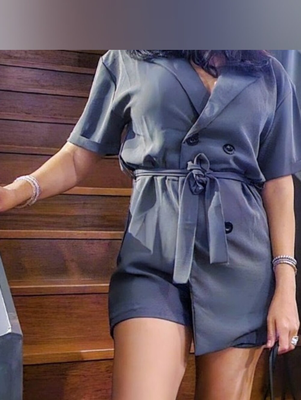 Short Sleeve Black Double-Breasted Romper with Tie Waist